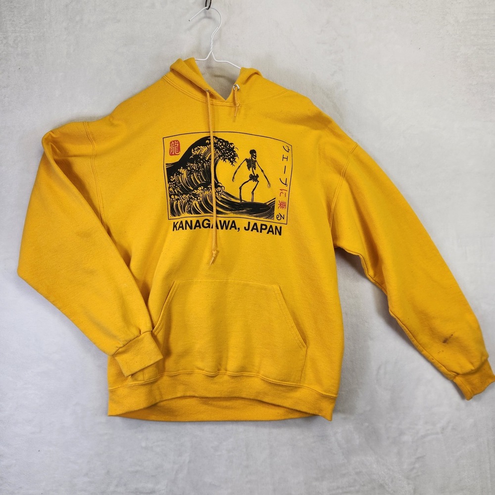 Bowery Supply Co Mens Yellow Kanagawa Japan Skeleton Surfing Graphic Hoodie L